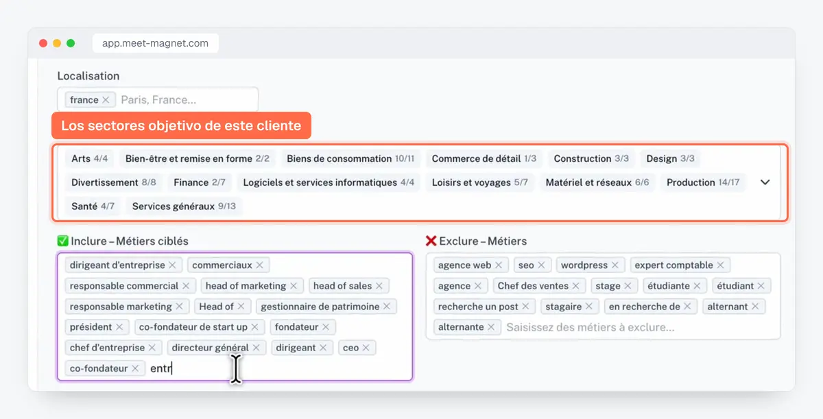Captura de la app MeetMagnet: la segmentación de un persona, con sectores y puestos incluidos o excluidos