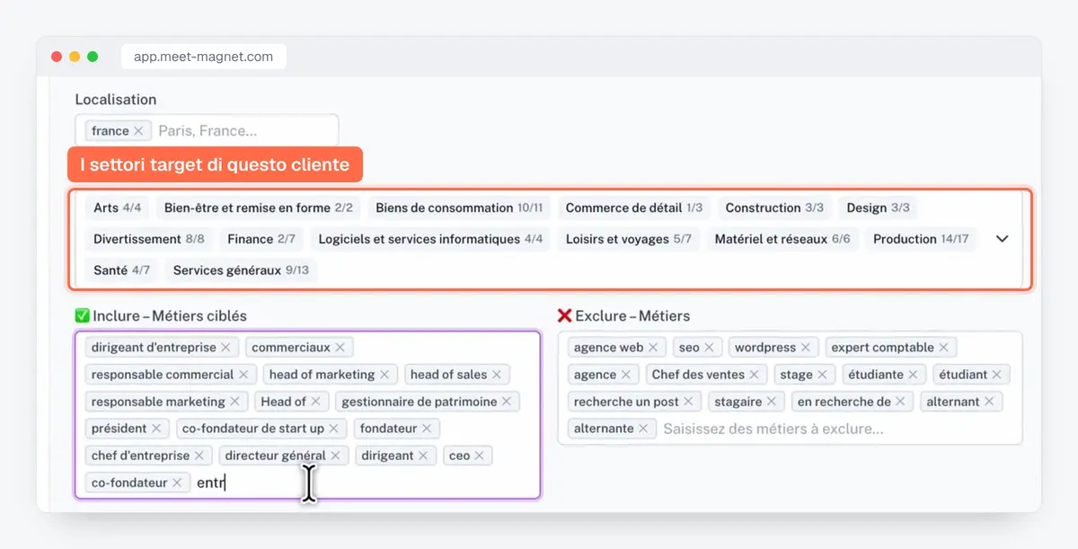 Screenshot dell'app MeetMagnet: il targeting di un persona, con settori e ruoli inclusi o esclusi