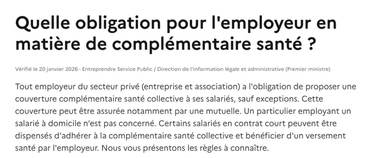 French government page: every private-sector employer must offer group health cover to its employees