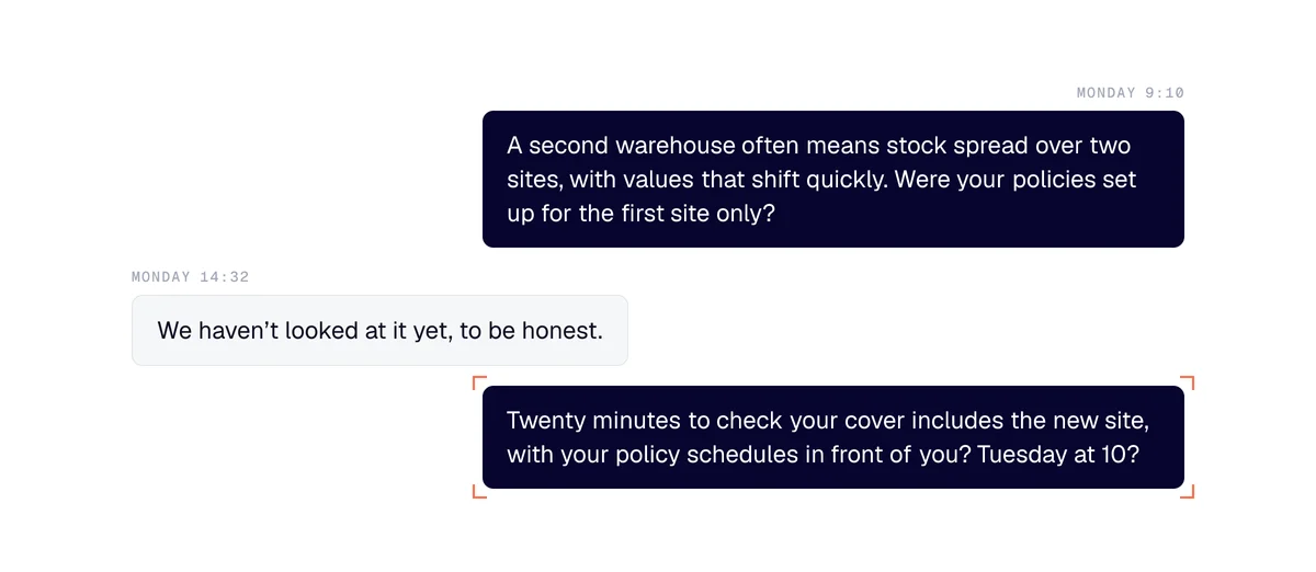 B2B insurance prospecting exchange: opener on a new warehouse, the owner’s reply, a suggested 20-minute call