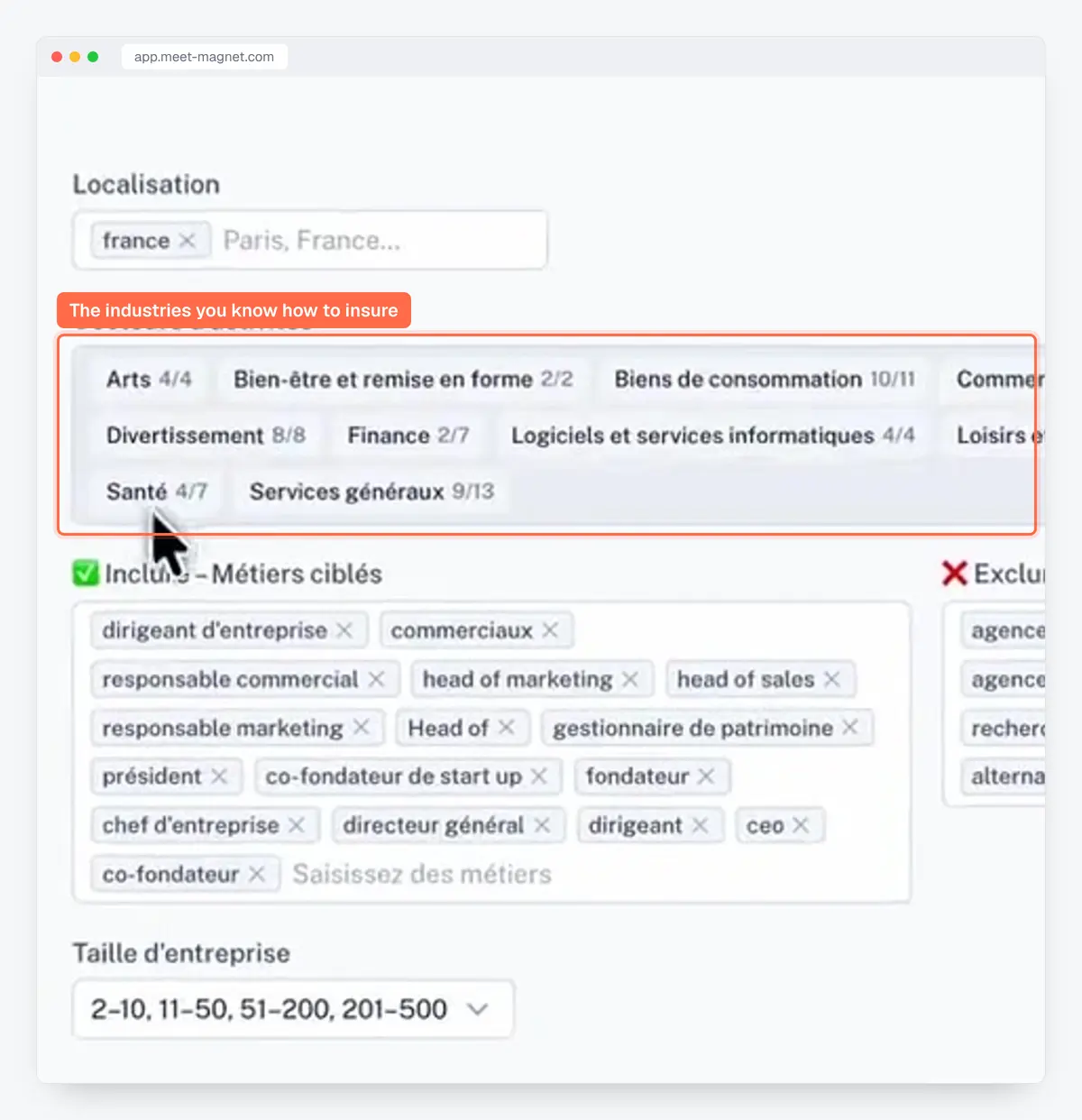 MeetMagnet app screenshot: targeting by industry, job title and company size
