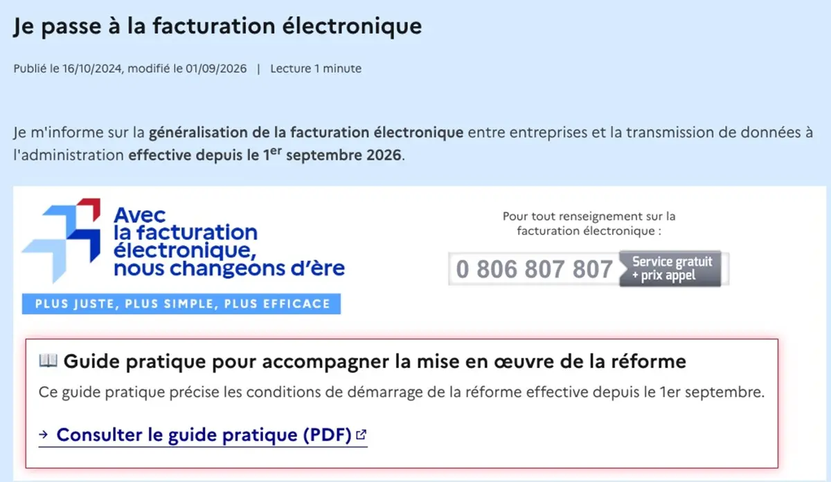 French tax authority page on switching to e-invoicing: reform in force since 1 September 2026