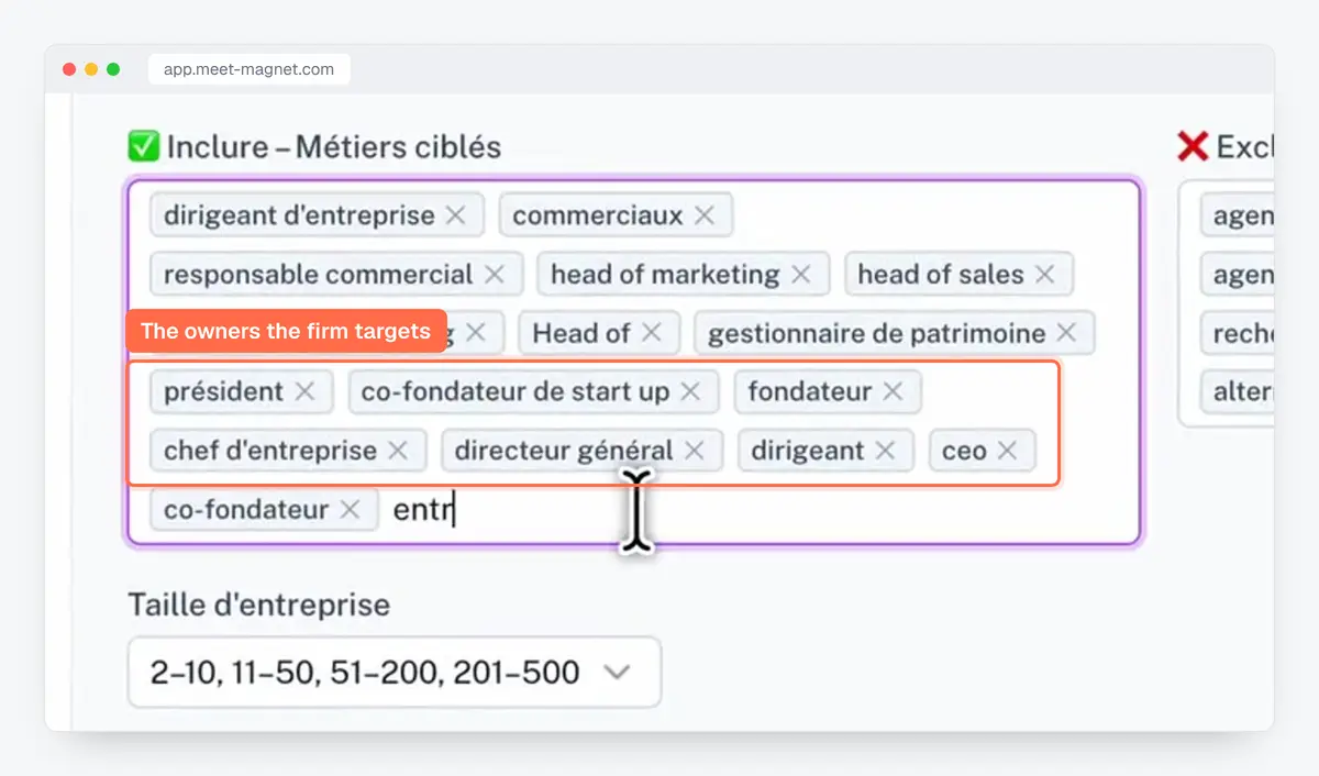MeetMagnet app screenshot: the targeted job titles (owner, chairman, founder…) and excluded ones of a persona
