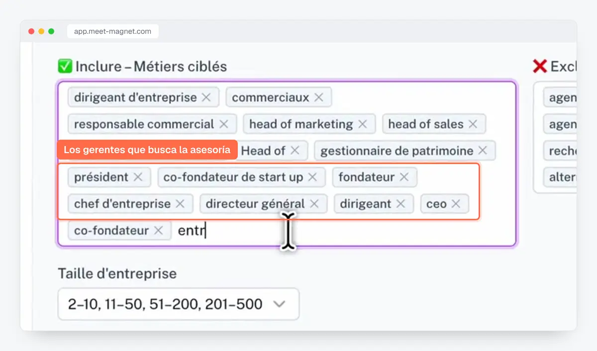 Captura de la app MeetMagnet: los puestos objetivo (gerente, presidente, fundador…) y excluidos de un persona