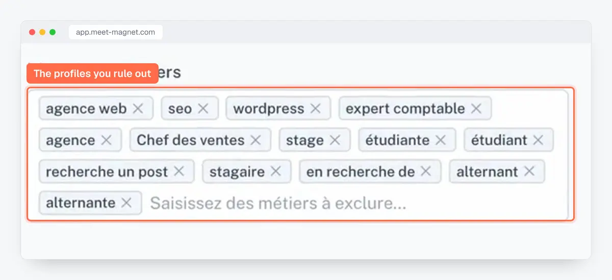 MeetMagnet app screenshot: the job titles excluded from targeting (interns, students, agencies…)