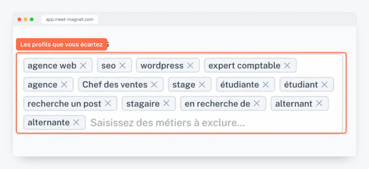Capture de l'app MeetMagnet : les métiers exclus du ciblage (stagiaires, étudiants, agences…)