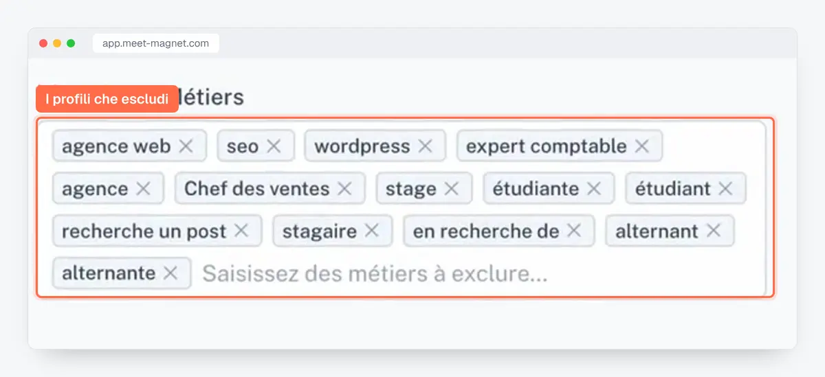 Screenshot dell'app MeetMagnet: i ruoli esclusi dal targeting (stagisti, studenti, agenzie…)
