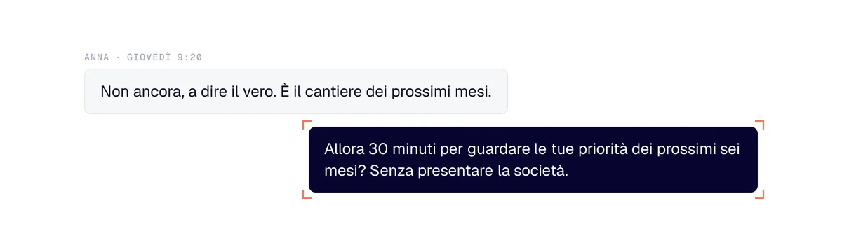 Società di consulenza: la titolare risponde «non ancora», il consulente propone 30 minuti sulle sue priorità a sei mesi