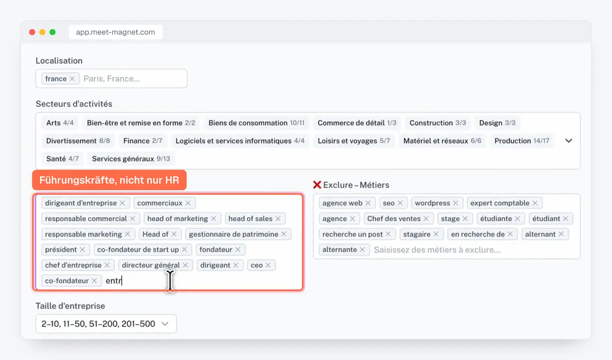 Screenshot der MeetMagnet-App: Ausrichtung nach Positionen, mit ein- und ausgeschlossenen Rollen