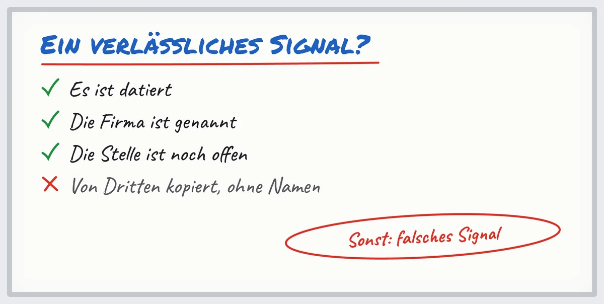 Whiteboard: prüfen, ob ein Einstellungssignal verlässlich ist, datiert, mit Firmenname und noch offener Stelle