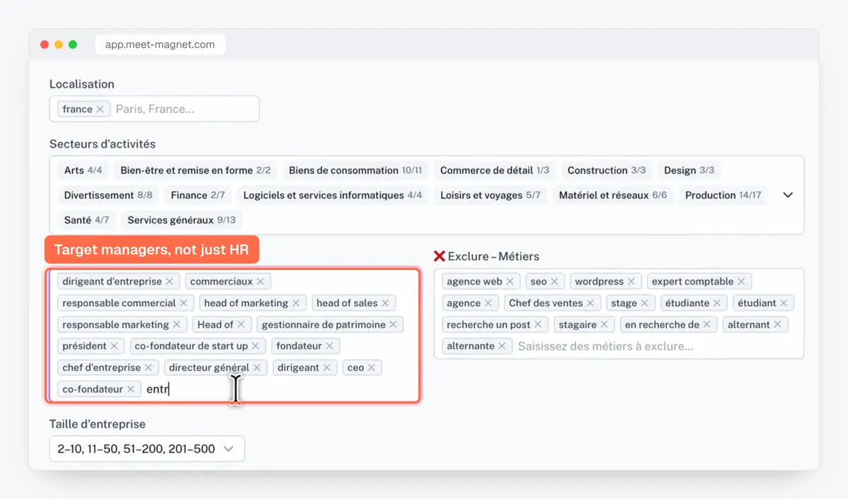 MeetMagnet app screenshot: targeting by job title, with roles included and excluded