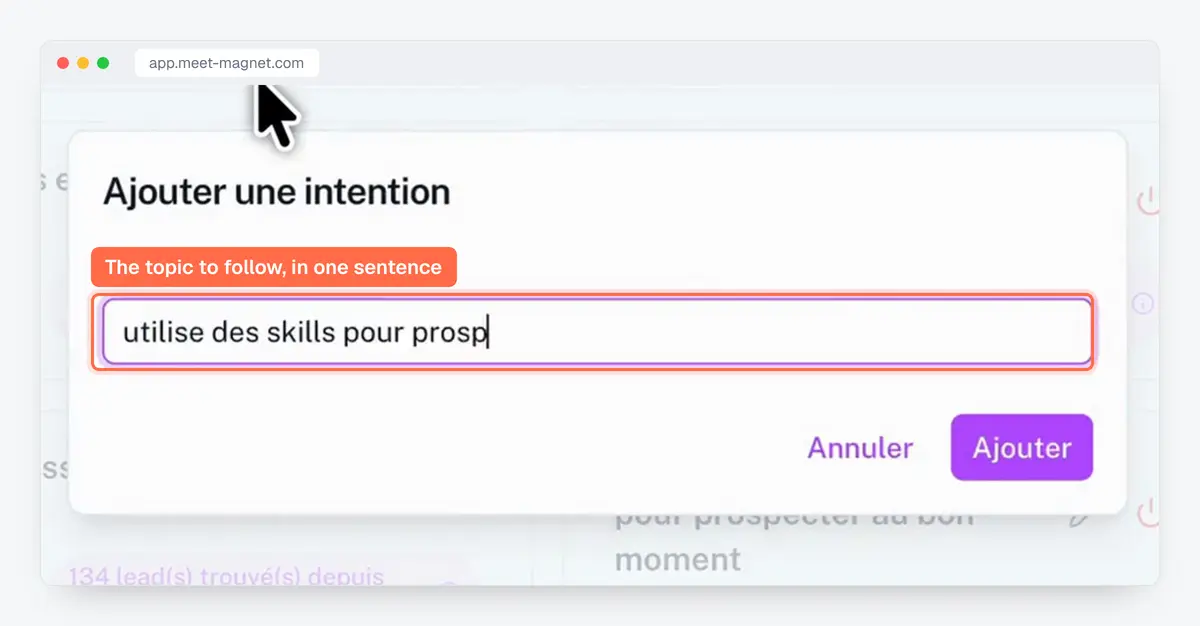 MeetMagnet app screenshot: the “add an intent” window, where you describe the topic to follow