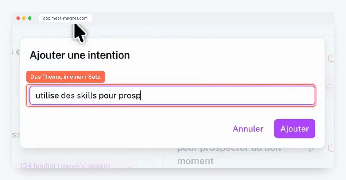 Screenshot der MeetMagnet-App: das Fenster zum Hinzufügen einer Absicht, mit dem zu verfolgenden Thema