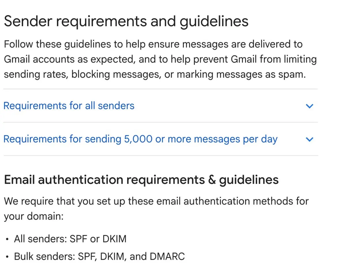 Excerpt from Gmail help: sender requirements, including sending 5,000 messages a day and SPF, DKIM, DMARC