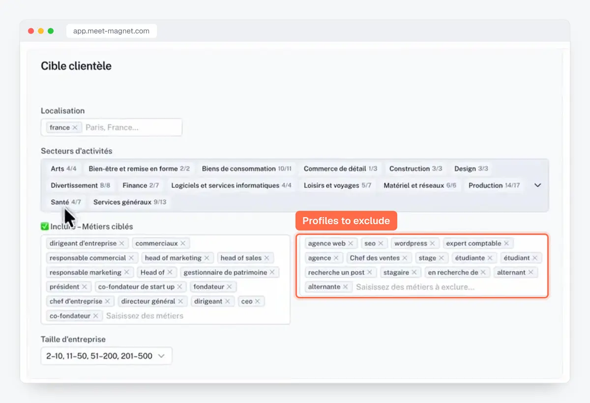 MeetMagnet app screenshot: targeting, with job titles to include and to exclude (students, interns, agencies)