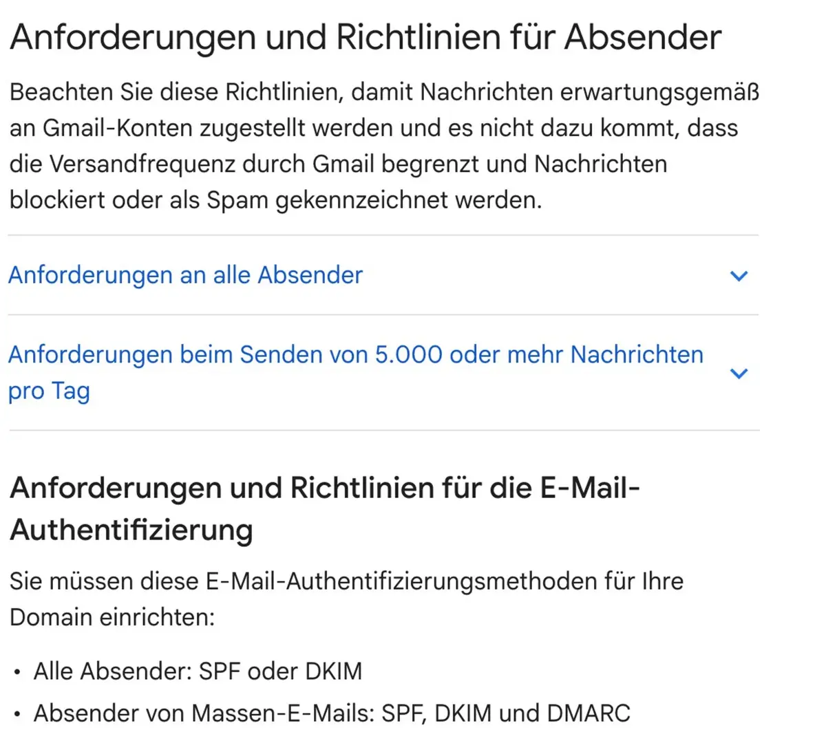 Auszug aus der Gmail-Hilfe: Anforderungen an Absender, etwa ab 5.000 Nachrichten pro Tag, sowie SPF, DKIM, DMARC