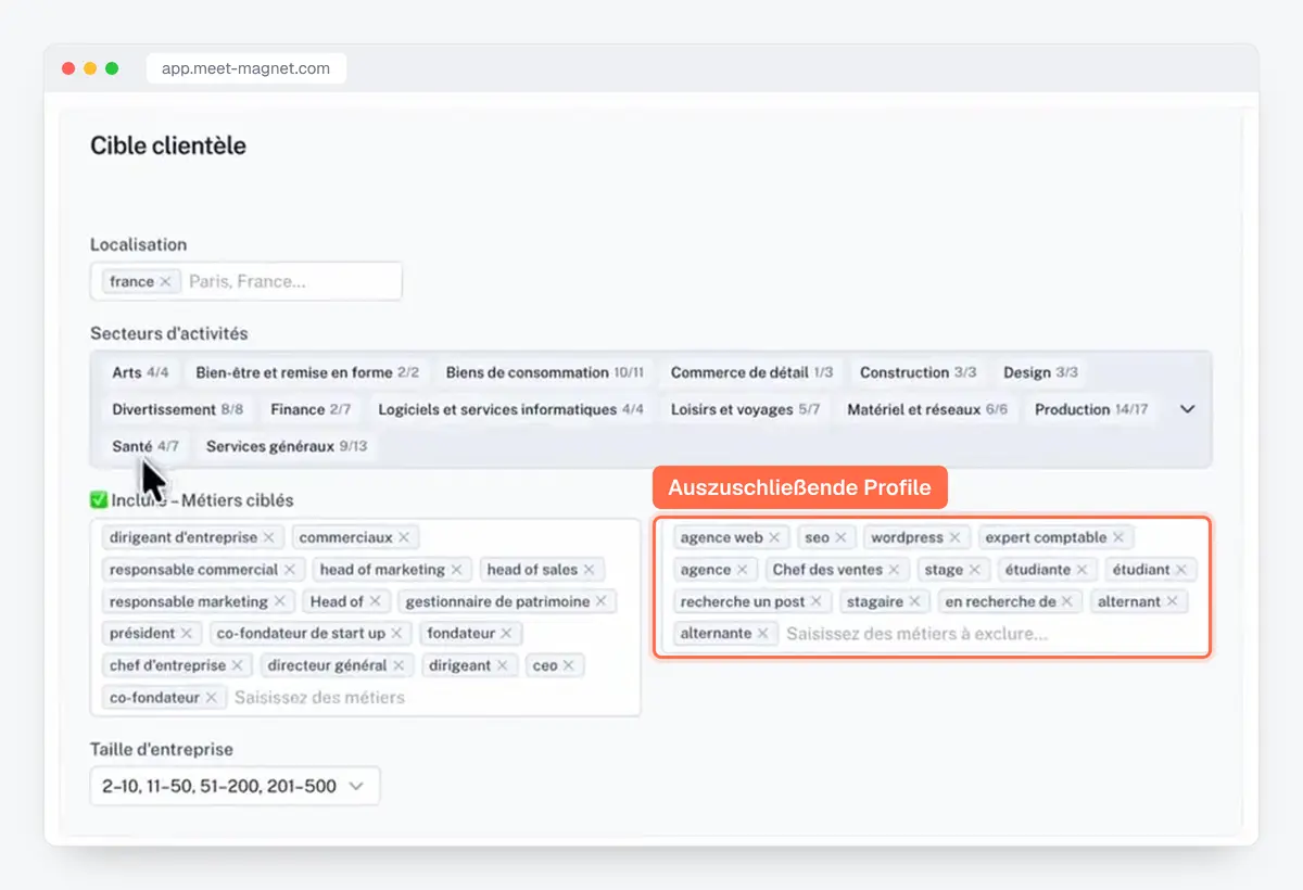 Screenshot der MeetMagnet-App: die Zielgruppe mit ein- und auszuschließenden Positionen (Studierende, Praktikanten)