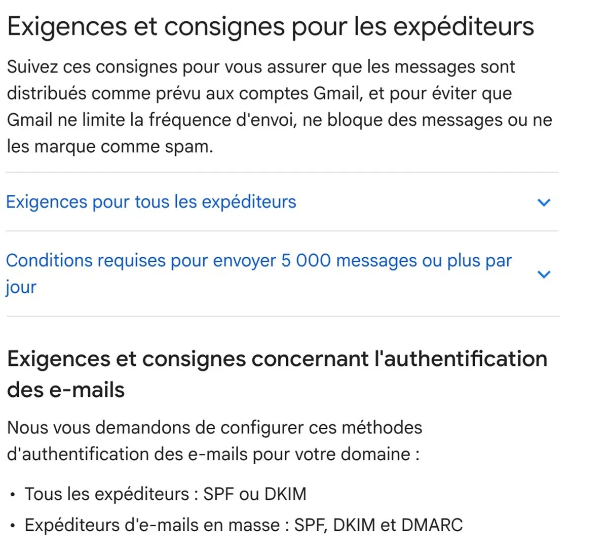 Extrait de l'aide Gmail : exigences pour les expéditeurs, dont l'envoi de 5 000 messages par jour et SPF, DKIM, DMARC