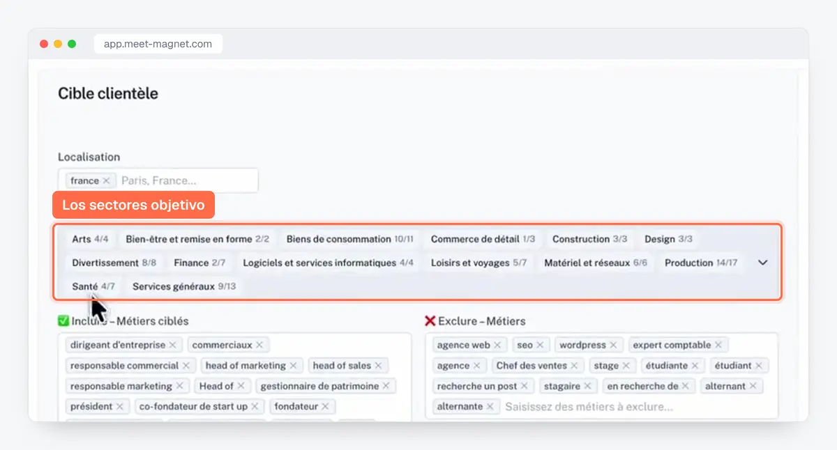 Captura de la app MeetMagnet: la segmentación por sectores de actividad, con la ubicación y el tamaño de empresa