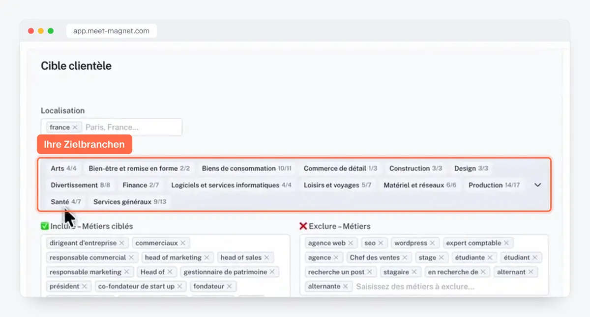 Screenshot der MeetMagnet-App: Ausrichtung nach Branchen, mit Standort und Unternehmensgröße