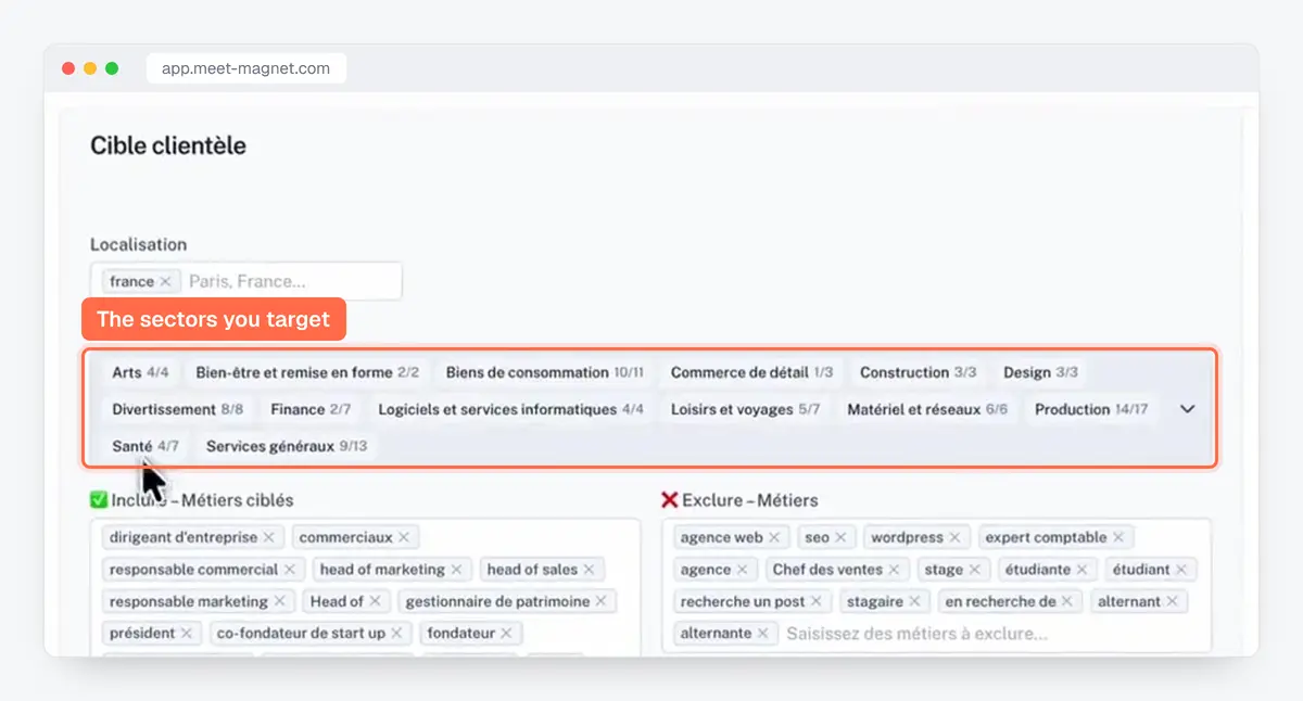 MeetMagnet app screenshot: targeting by business sector, with location and company size