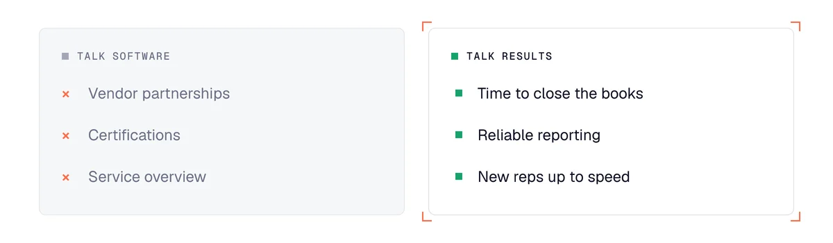 Comparison for IT services firms: talking software (partnerships, certifications) or talking results (close, reporting)