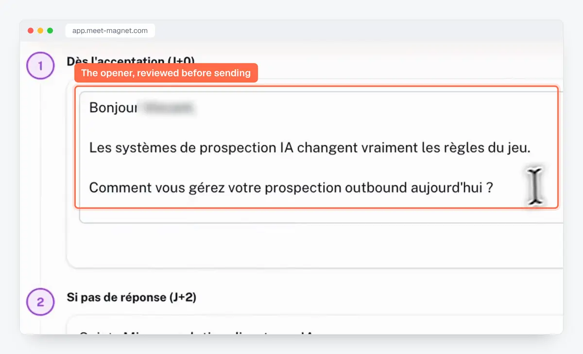 MeetMagnet app screenshot: a message sequence, with the first opener and the day-2 follow-up