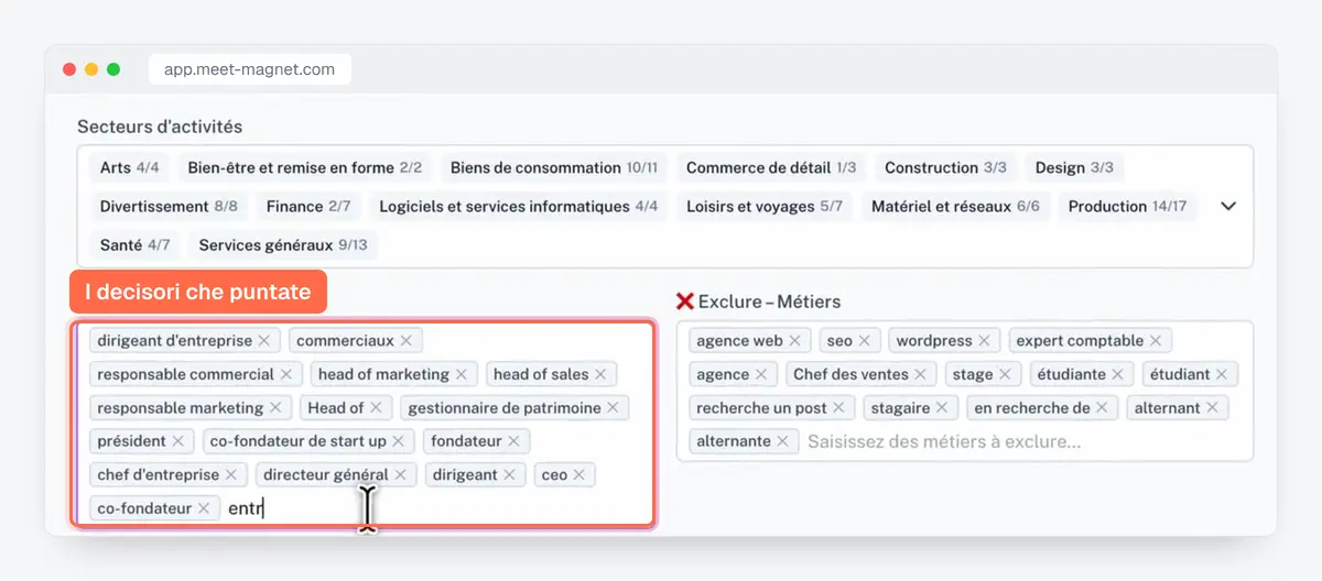 Schermata dell'app MeetMagnet: i ruoli target, titolari e direttori, e i ruoli esclusi