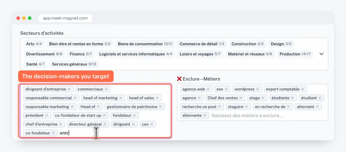 MeetMagnet app screenshot: targeted job titles, owners and managers, and excluded titles