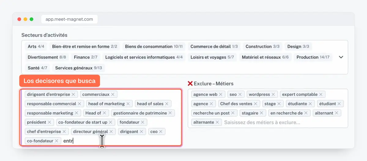 Captura de la app MeetMagnet: los puestos objetivo, directivos y directores, y los puestos excluidos