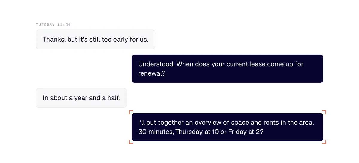 Commercial real estate prospecting exchange: “it’s too early”, the lease break date, then a 30-minute meeting
