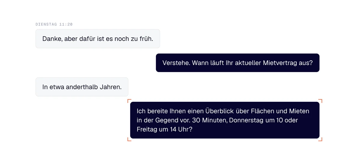 Akquise-Austausch bei Gewerbeimmobilien: „noch zu früh“, das Ende des Mietvertrags, dann ein Termin von 30 Minuten