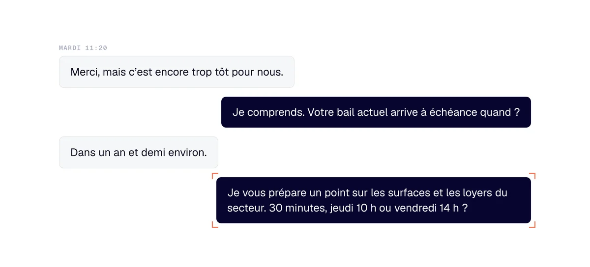 Échange de prospection en immobilier d'entreprise : « c'est trop tôt », l'échéance du bail, puis un rendez-vous de 30 minutes