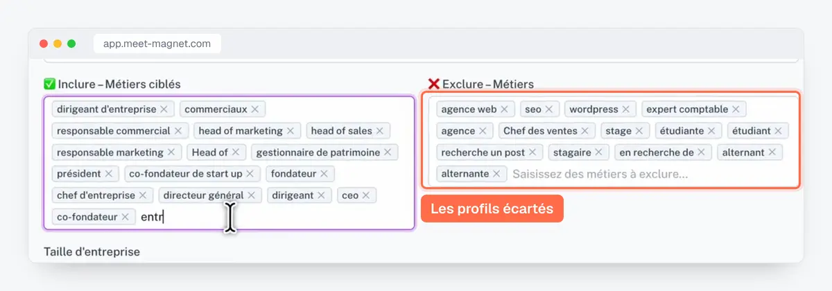 Capture de l'app MeetMagnet : métiers ciblés et métiers exclus pour écarter les profils qui n'achètent pas