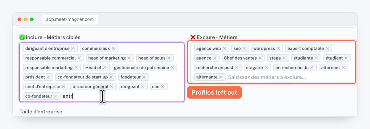 Screenshot of the MeetMagnet app: targeted and excluded job titles, to filter out profiles that do not buy