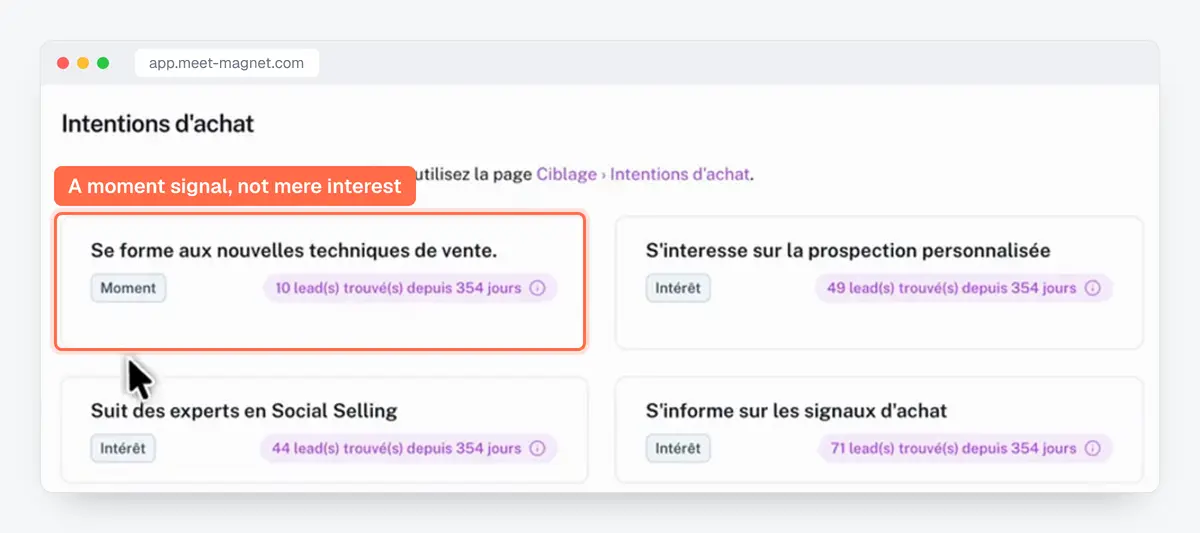 Screenshot of the MeetMagnet app: buying intents tagged “Moment” or “Interest”, with the leads found