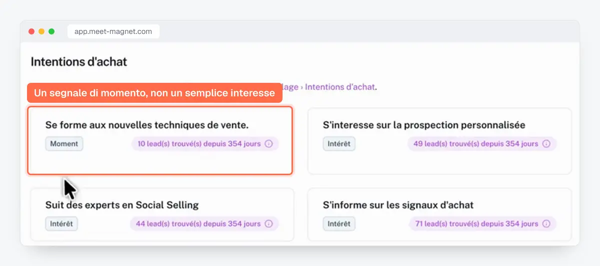 Screenshot dell'app MeetMagnet: intenzioni d'acquisto «Momento» o «Interesse», con i lead trovati