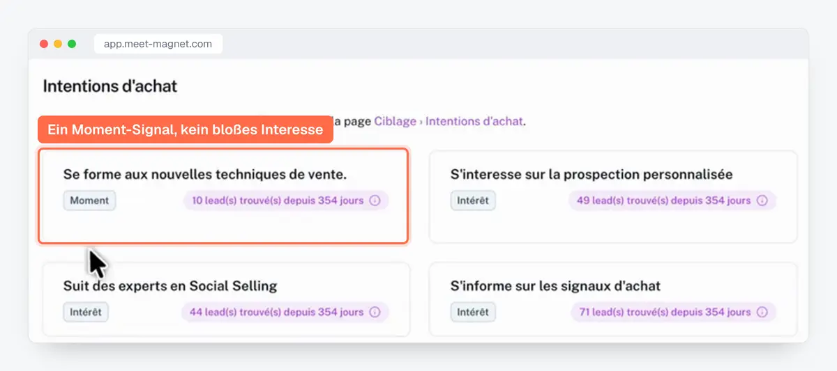 Screenshot der MeetMagnet-App: Kaufabsichten als „Moment“ oder „Interesse“ markiert, mit gefundenen Leads