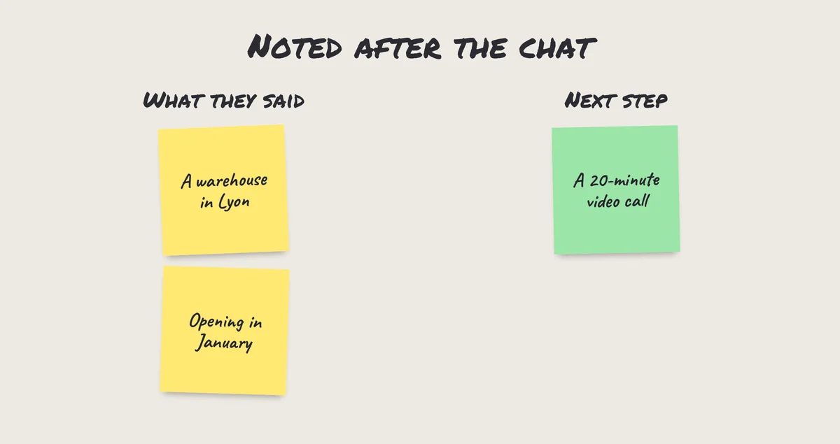 Sticky notes after a trade show conversation: what they want, the deadline, the next step