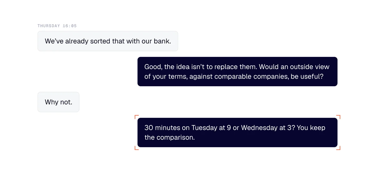 B2B financial services prospecting exchange: “sorted with our bank”, an outside view, then a 30-minute call