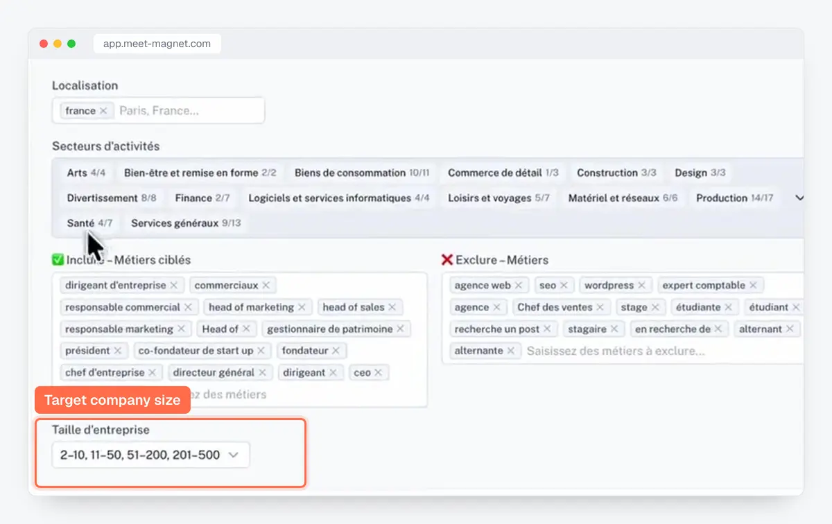Screenshot of the MeetMagnet app: customer target with sectors, job titles and company size