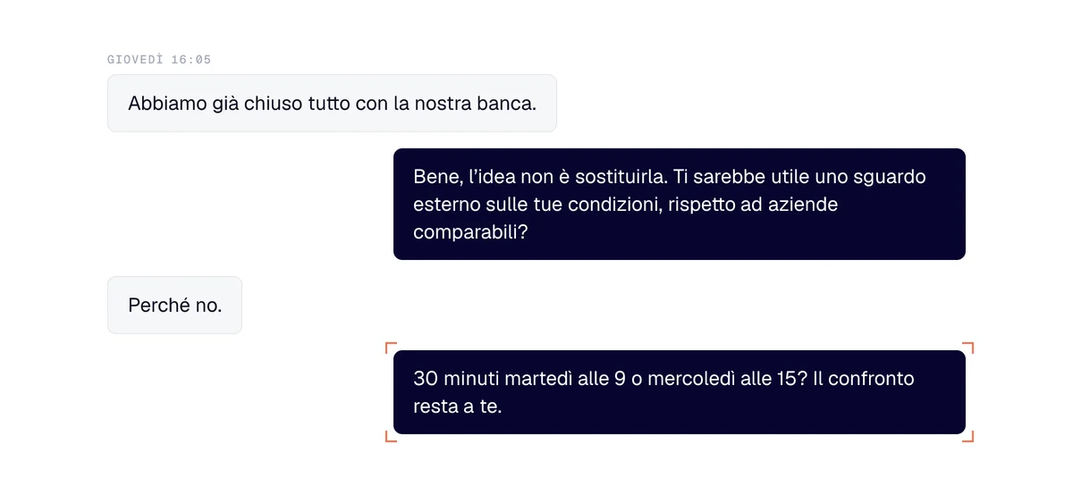 Scambio di prospezione nei servizi finanziari B2B: «già chiuso con la banca», uno sguardo esterno, poi 30 minuti