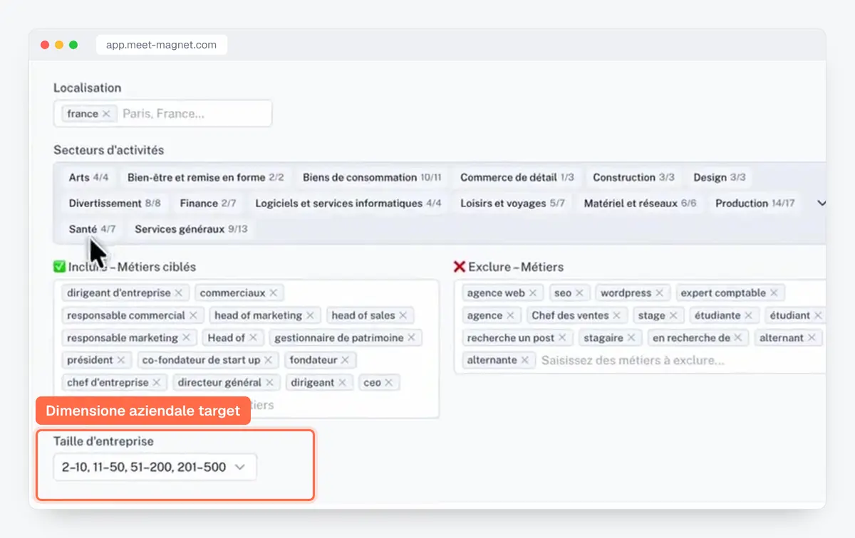 Screenshot dell'app MeetMagnet: clienti target con settori, ruoli e dimensione aziendale