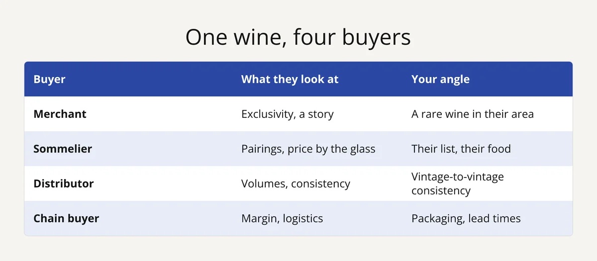 Table: what wine merchants, sommeliers, distributors and chain buyers look at, and the angle to take
