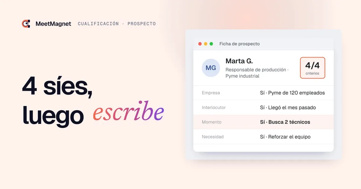 Ejemplo de ficha de prospecto B2B: empresa, interlocutor, momento y necesidad en sí, puntuación de 4 sobre 4