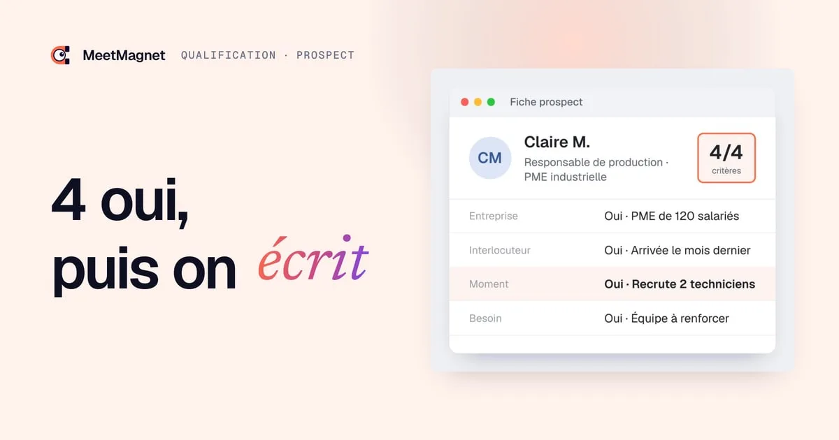 Exemple de fiche prospect B2B : entreprise, interlocuteur, moment et besoin à oui, score de 4 sur 4