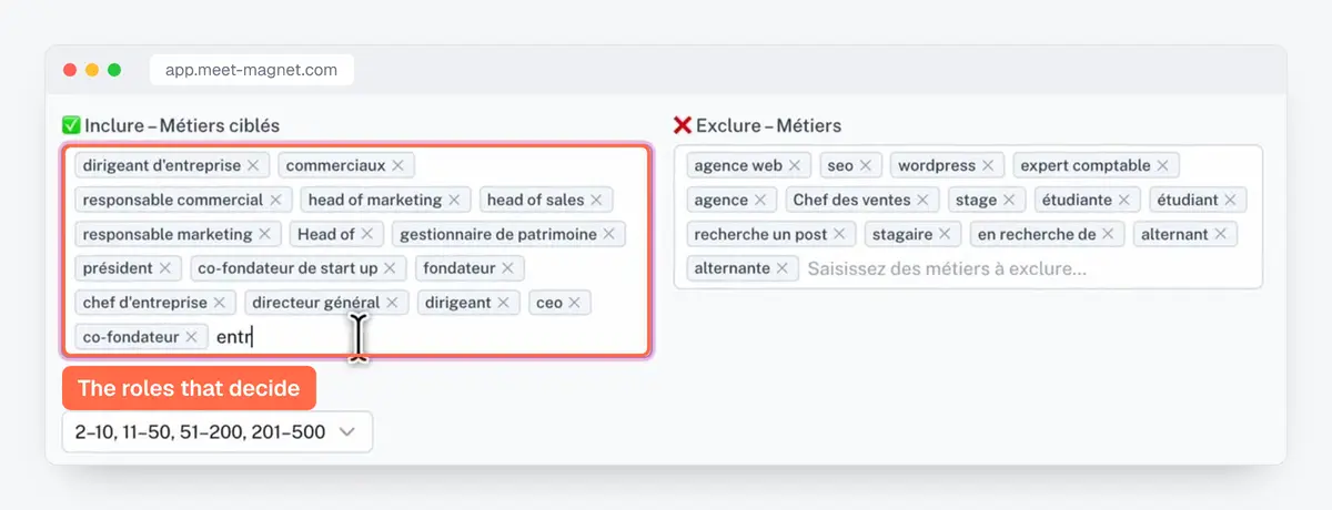 MeetMagnet app screenshot: job titles to include and exclude, to target the people who decide