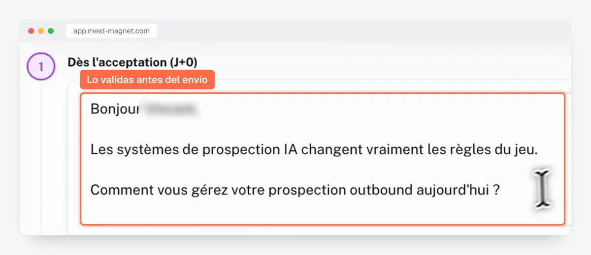 Captura de la app MeetMagnet: un mensaje de prospección propuesto, para revisar y validar antes del envío