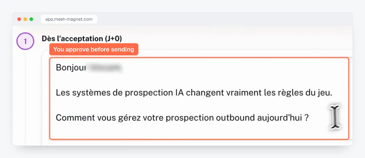 MeetMagnet app screenshot: a suggested prospecting message, to review and approve before it is sent