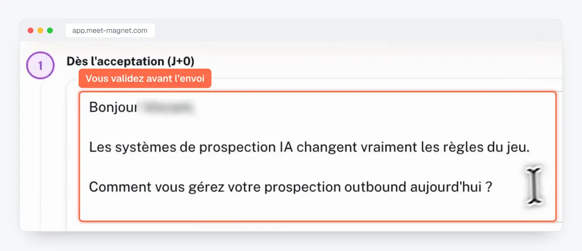 Capture de l'app MeetMagnet : un message de prospection proposé, à relire et valider avant l'envoi